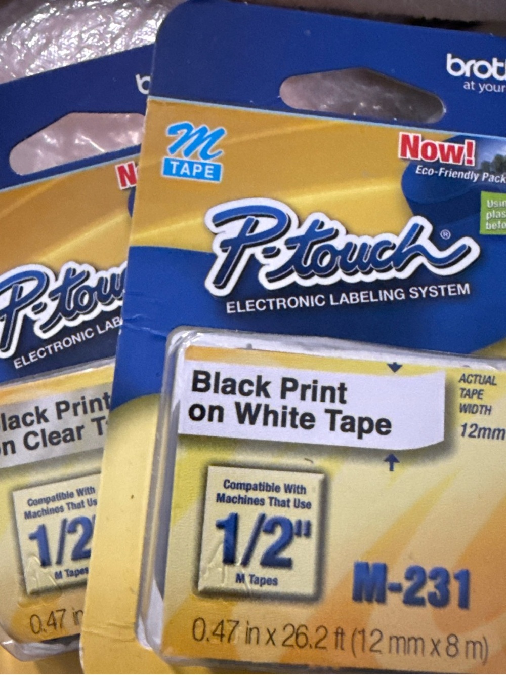 Brother P-touch M-231 Label Tape — Blue and Yellow Packaging